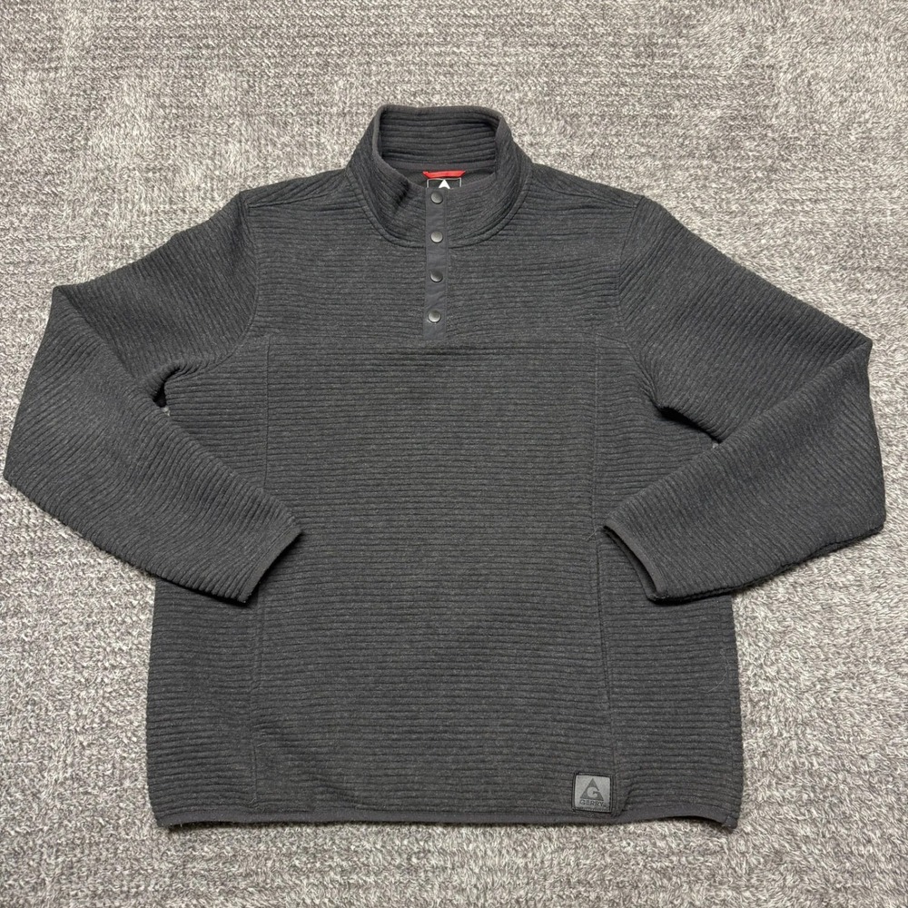 Gerry Mens Pullover Sweatshirt L Gray Ribbed Snap Button Mock Neck Fleece